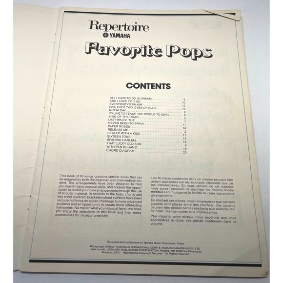 Yamaha Repertoire Favorite Pops Piano Songbook Sheet Music 17 Songs 1976 - Picture 5 of 6